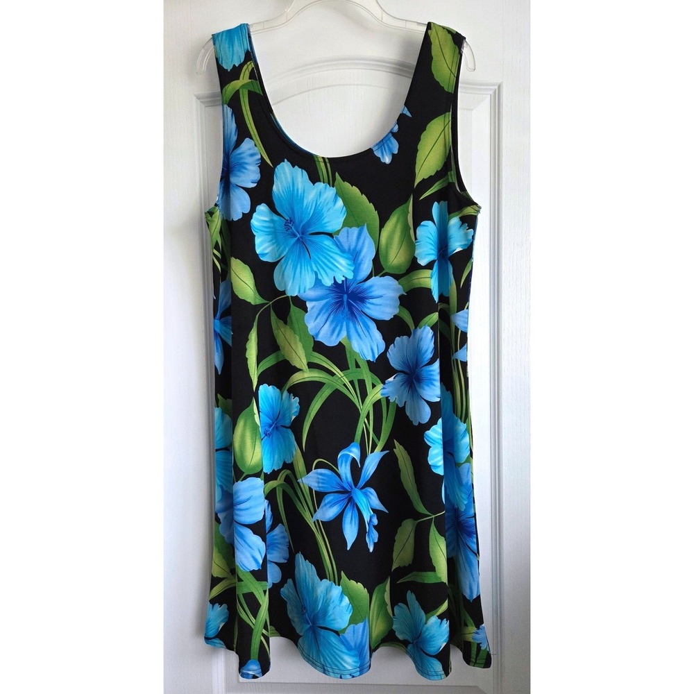 VTG BaBa Hawaii Blue Hibiscus Floral Tropical Sleeveless Shift Dress Sz XL